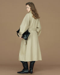 Contrast-Cuff Stand-Collar Long Trench Coat