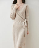 V-Neck Lace-Up Merino Wool Knit Dress