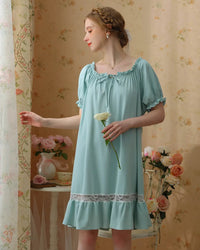 Cotton Short Sleeves Lace Nightdress