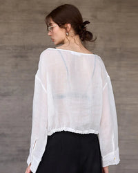 Ramie Crew Neck Long Sleeve Drawstring T-Shirt