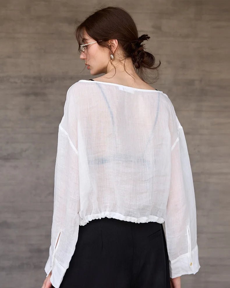 Ramie Crew Neck Long Sleeve Drawstring T-Shirt