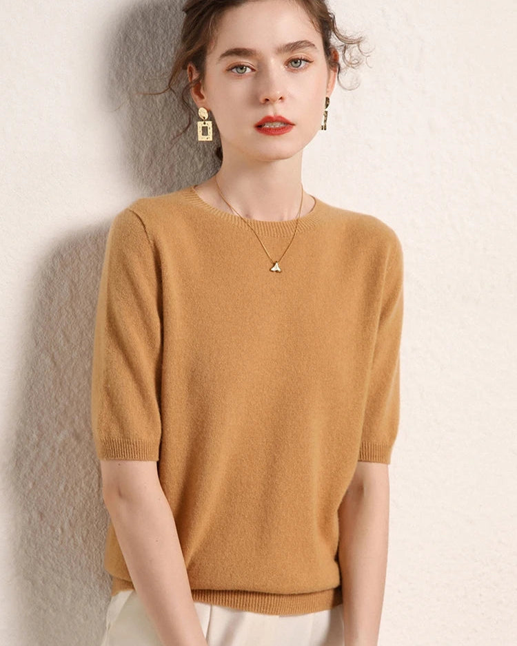 Cashmere Crewneck Half-Sleeve Top