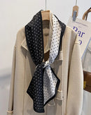Women’s French style polka dot scarf in black and white, silk blend fabric with classic print, versatile ring scarf for all seasons, perfect for Parisian chic.