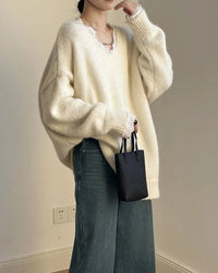 Soft V-Neck Lace-Trimmed Loose Knit Sweater