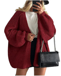 Solid V-Neck Loose Long Knit Cardigan Coat