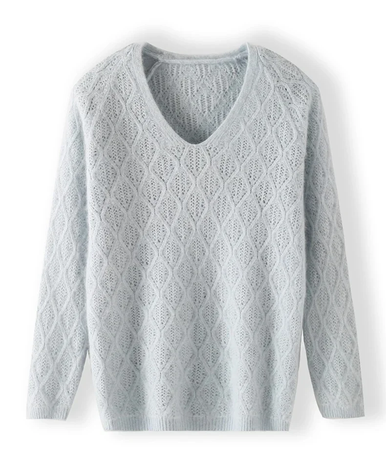 Openwork Mink Cashmere V-Neck Sweater