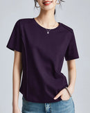 Cotton elastane knit crew neck t-shirt with clean round neck and sculptural raised stitching. True to size. Effortless summer style.