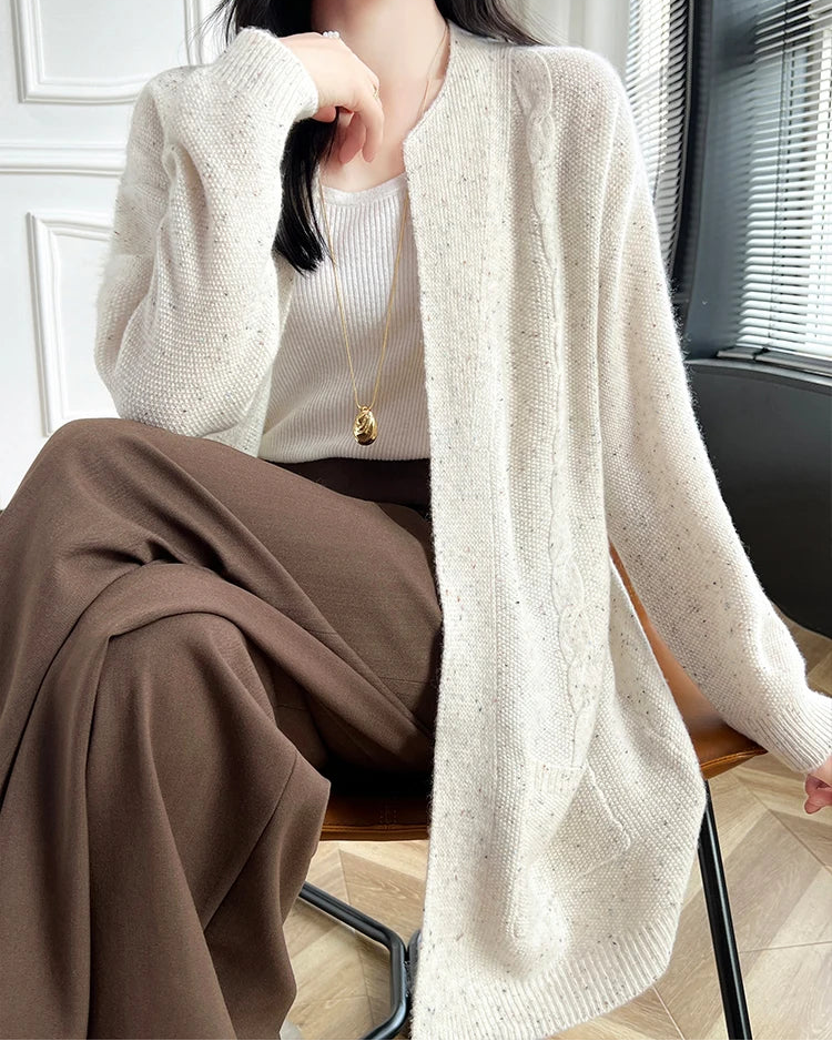 Merino Wool Dot Long Open-Front Cardigan