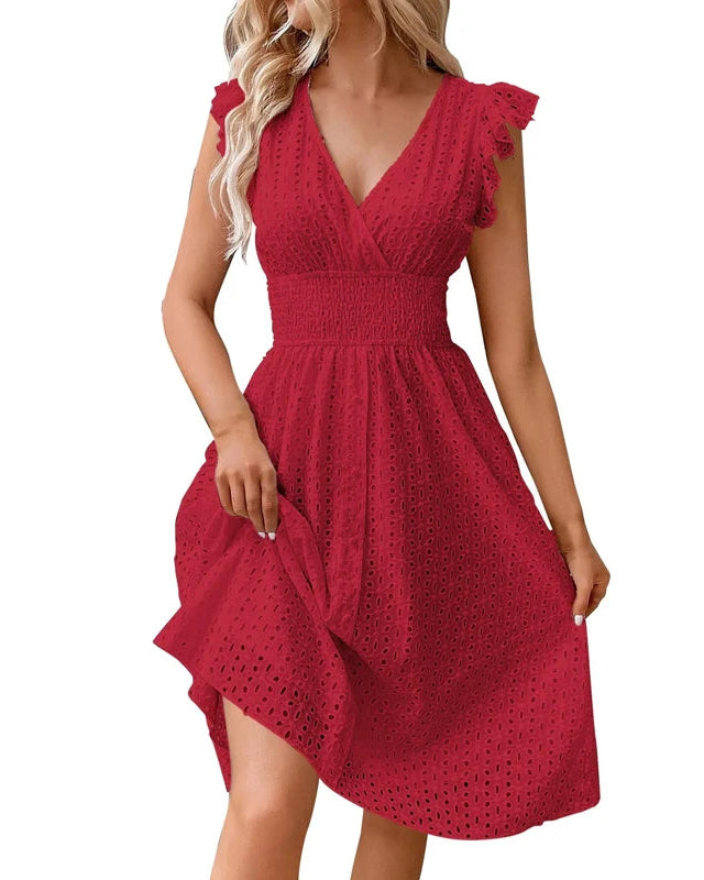 V-Neck Lace Waist Flare Sleeve A-Line Beach Dress