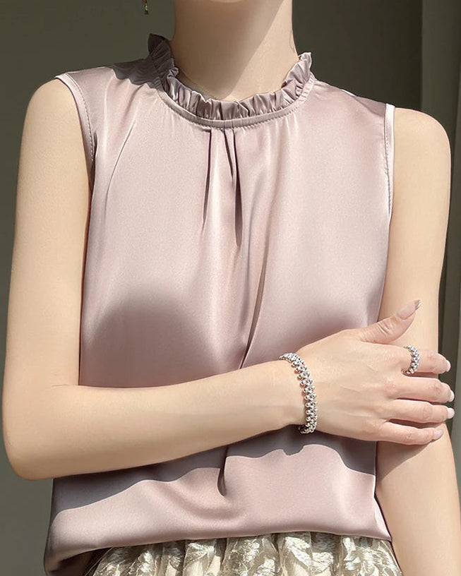Loose And Casual Satin Vest T-Shirt With Ruffled Collar