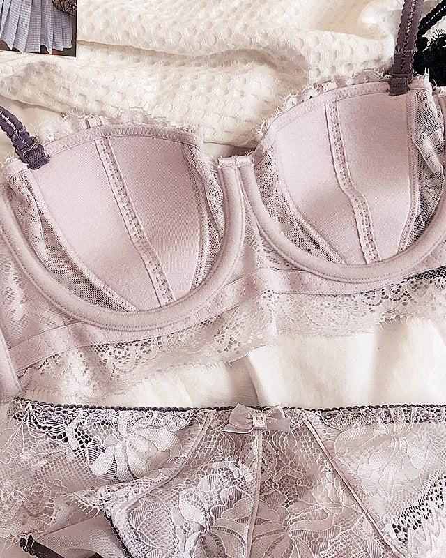 Lace Embroidery Half-Cup Thin Push-Up Bra Set