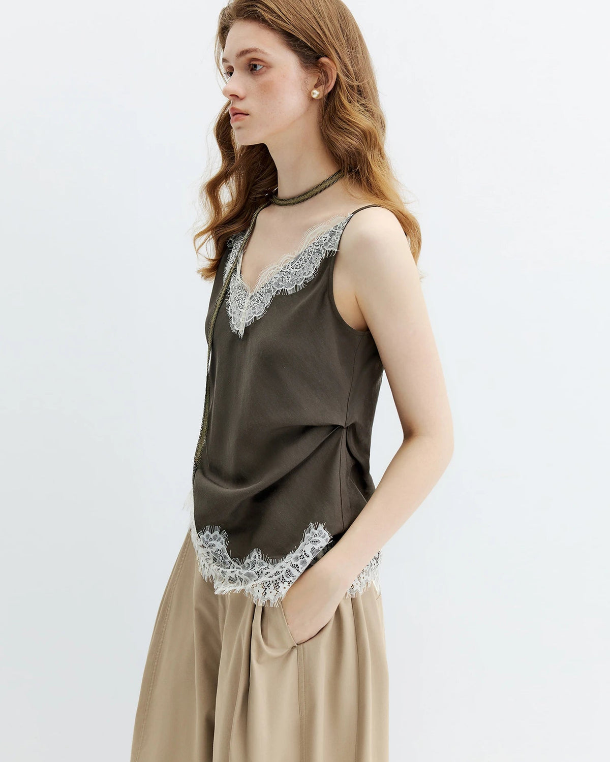 Lace Trim Linen Blend Camisole