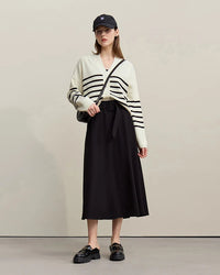 Dropped-Shoulder V-Neck Striped Cardigan Sweater