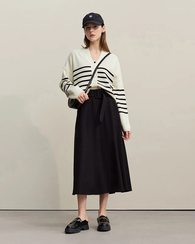 Dropped-Shoulder V-Neck Striped Cardigan Sweater