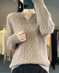 Mink cashmere argyle V-neck cable knit pullover. Thick, warm, and medium stretch — a casual Korean autumn winter knitwear top for women.