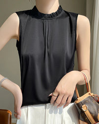 Loose And Casual Satin Vest T-Shirt With Ruffled Collar