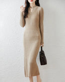 Wool Solid Half-Open Collar Slim Long Knit Dress
