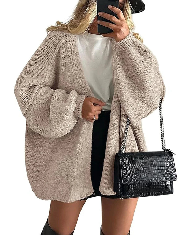 Solid V-Neck Loose Long Knit Cardigan Coat