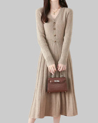 Merino Wool V-Neck Knit Midi Dress