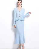 V-Neck Flare Sleeve Knit Cardigan & Mermaid Maxi Skirt Set
