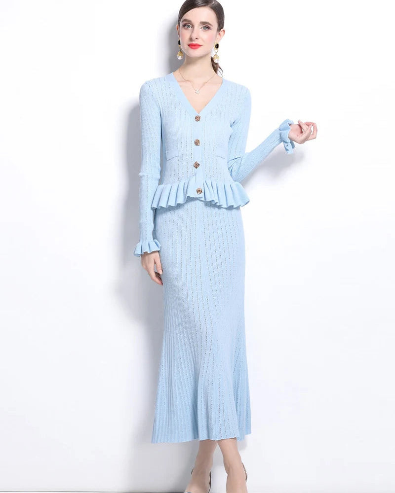 V-Neck Flare Sleeve Knit Cardigan & Mermaid Maxi Skirt Set
