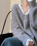 Soft V-Neck Lace-Trimmed Loose Knit Sweater