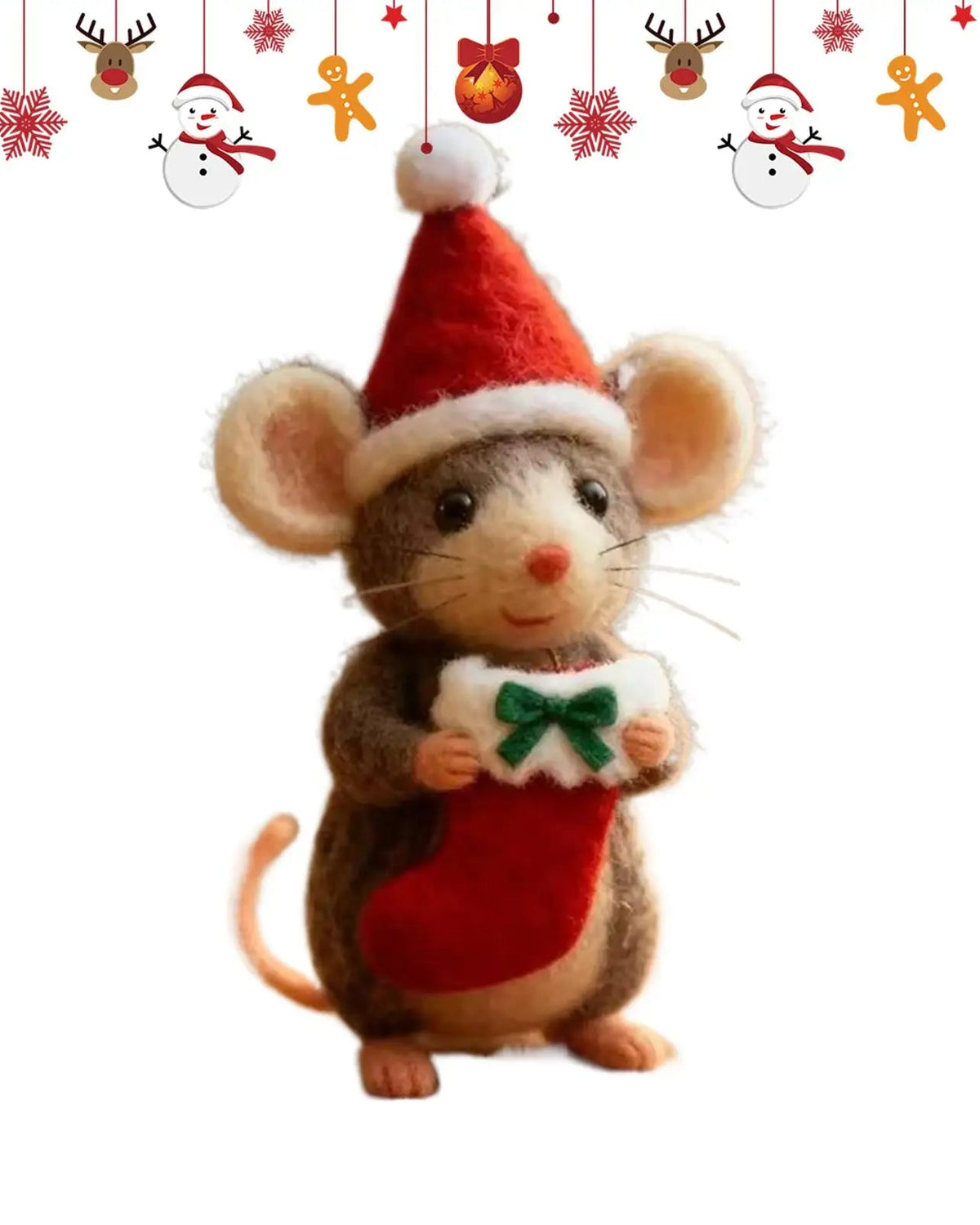 This felt mouse ornament pairs a tactile surface with an expressive face and charming seasonal attire.