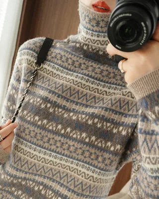 Wool Colour Block Turtleneck Loose Knit Pullover