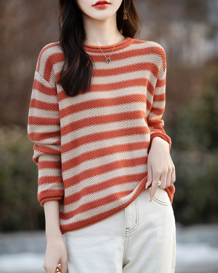 100% cotton O-neck curled colourful stripe loose pullover sweater. Heavyweight, medium stretch — a casual autumn winter knitwear bottoming top for women.