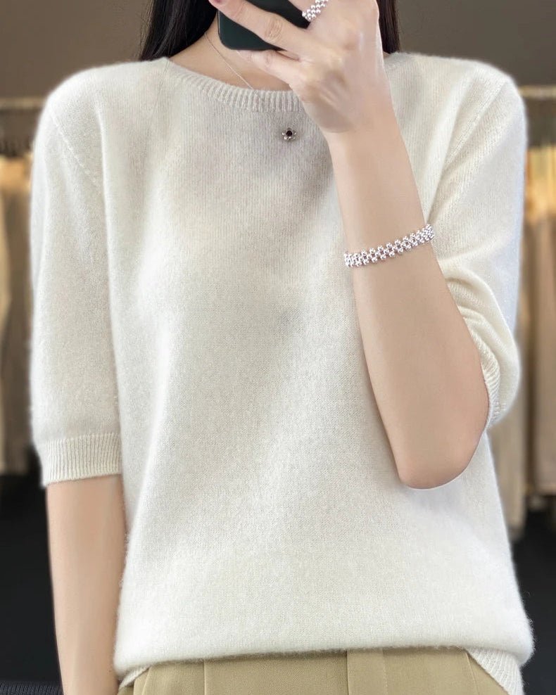 Wool Crew Neck Short-Sleeved Knit Sweater