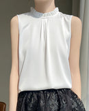 Loose And Casual Satin Vest T-Shirt With Ruffled Collar