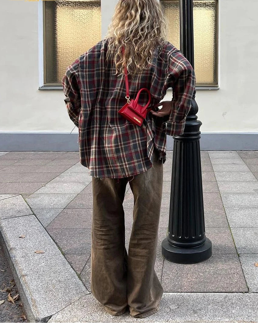 Plaid Lapel Single-Breasted Loose Long Shirt