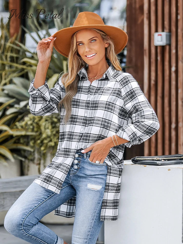 Plaid Button-Front Casual Long Sleeve Shirt