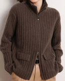 Women's  pure cashmere mock-neck zip cardigan, featuring a heavyweight three-strand rib knit and a relaxed loose fit for luxurious warmth this winter.