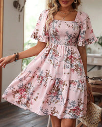 Floral Smocked Square-Neck Boho Dress