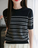 Cotton Striped Jacquard Crew Neck Knit Tee