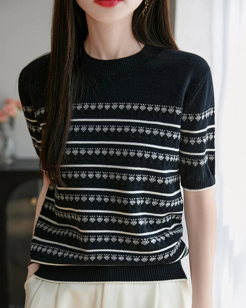Cotton Striped Jacquard Crew Neck Knit Tee