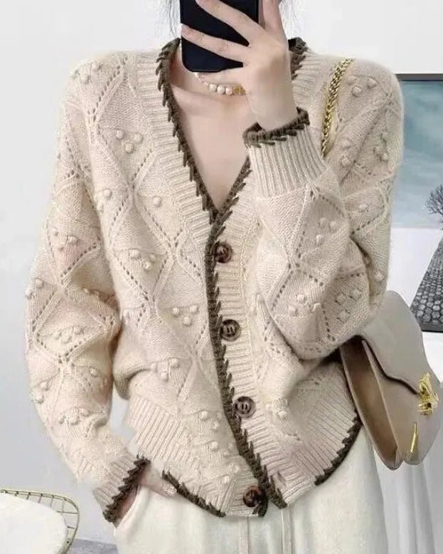 Color Block Crocheted 100% Cashmere Knit Cardigan