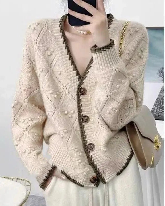 Color Block Crocheted 100% Cashmere Knit Cardigan