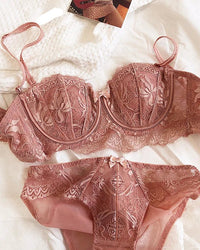 Lace Embroidery Half-Cup Thin Push-Up Bra Set