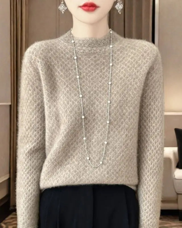 Solid mock neck loose thick knit pullover. Warm, slight stretch, and relaxed fit — a versatile casual everyday knitwear top for women.