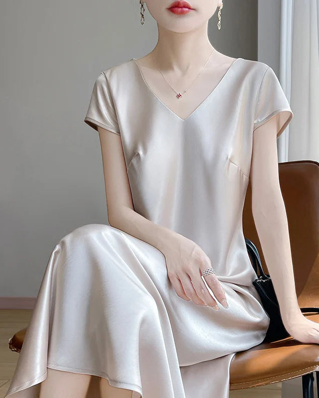 The Women's Satin V Neck Slip Dress. A fluid, relaxed A-line maxi in silky satin — effortlessly elegant for spring and summer.