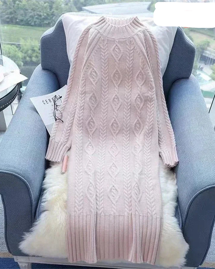 Mock-Neck Ribbed Knit Midi Sweater Dress