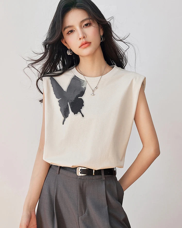 Butterfly print sleeveless tee — a lightweight, slightly stretchy summer top with a bold graphic motif. Perfect for casual street-inspired styling.