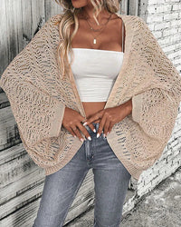 Solid Hollow-Out Batwing Sleeve Loose Knit Cardigan