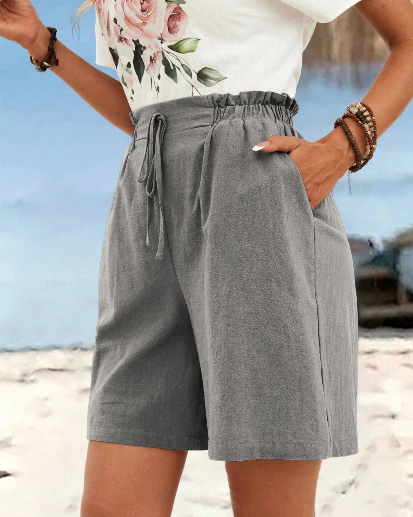 High-Waisted Linen Drawstring Shorts