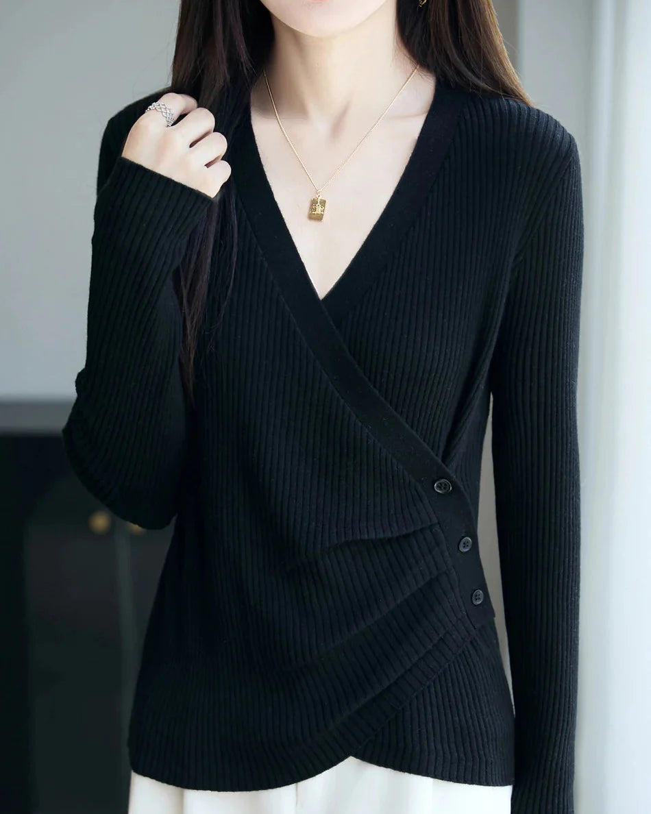 Designers' V-neck Wool Sweater with Asymmetrical Buttons