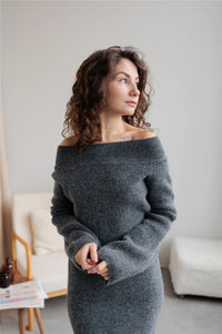 Slash Neck Sweater & Skinny Midi Dress Knitted TrackSuit