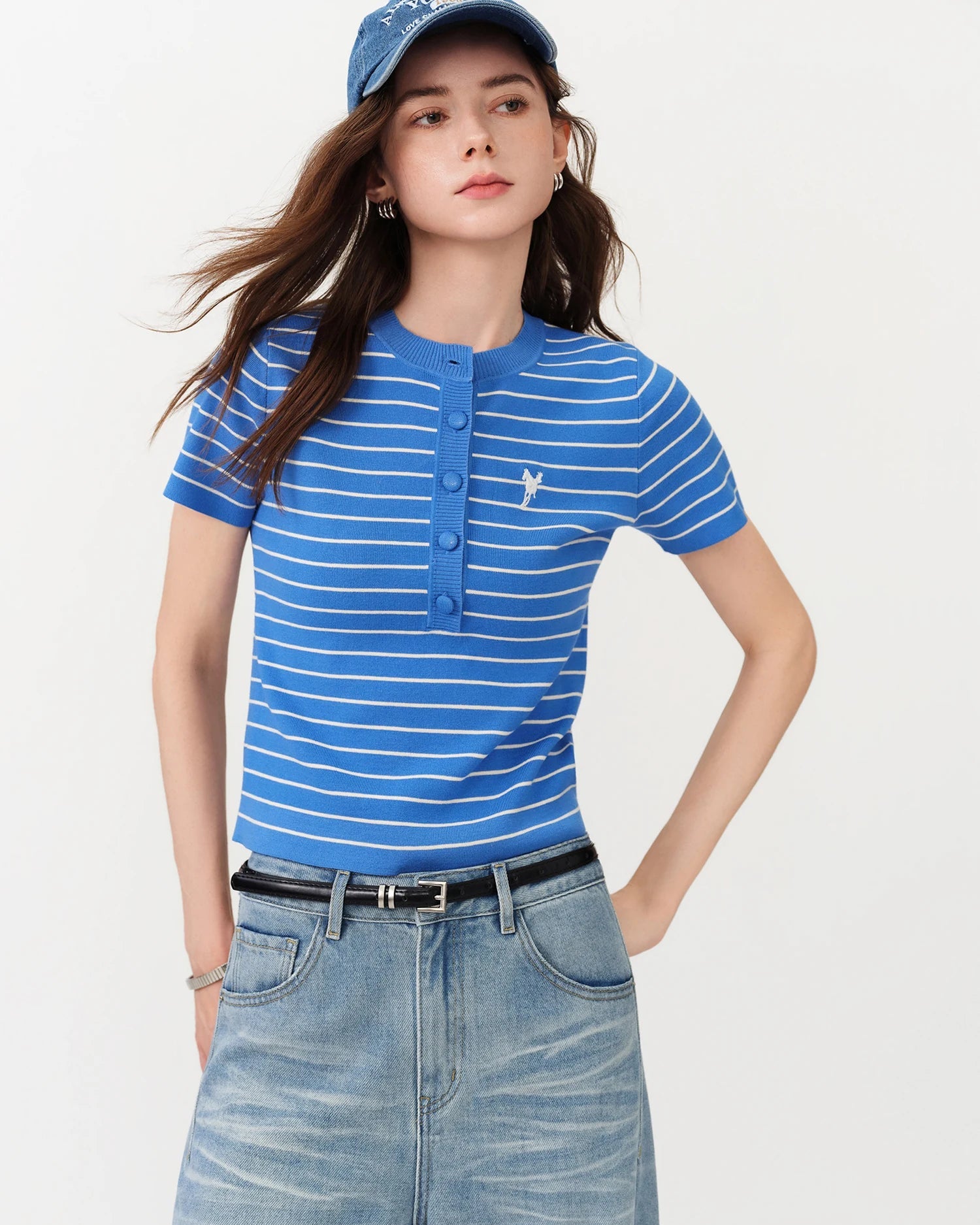 Women's Striped slim knit top crafted from a breathable viscose blend, featuring a sculpted crew neck and short sleeves for poised style from dawn commute to dusk dining.
