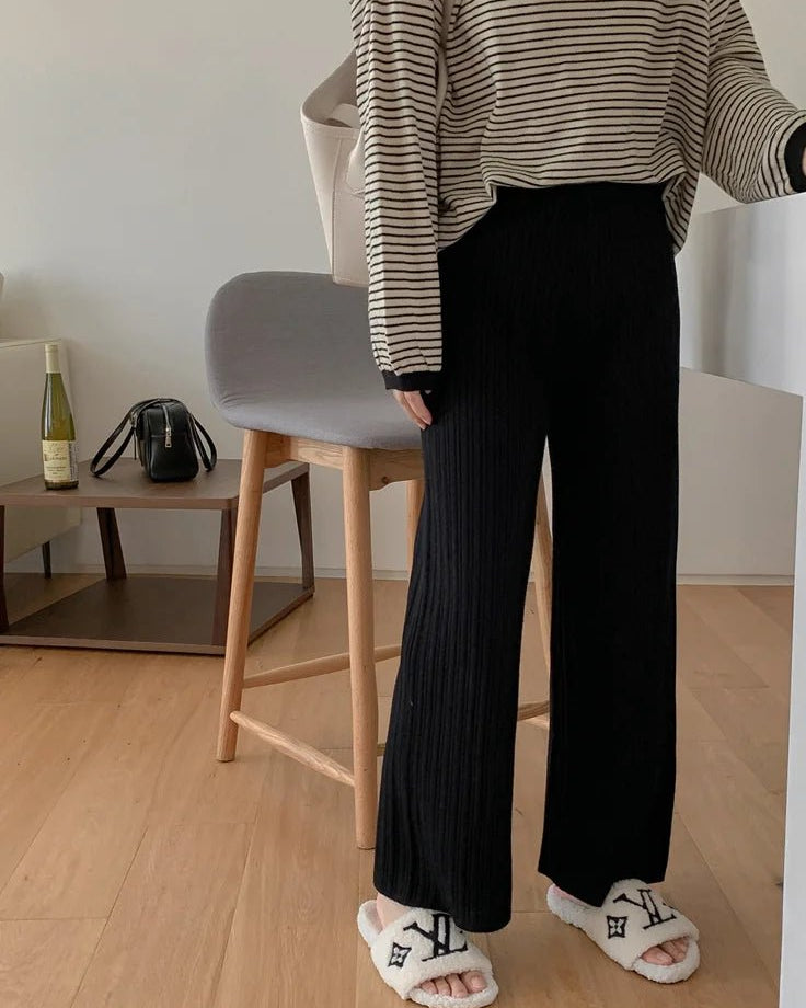 Drawstring Ribbed Knitted Wide Leg Sweatpants